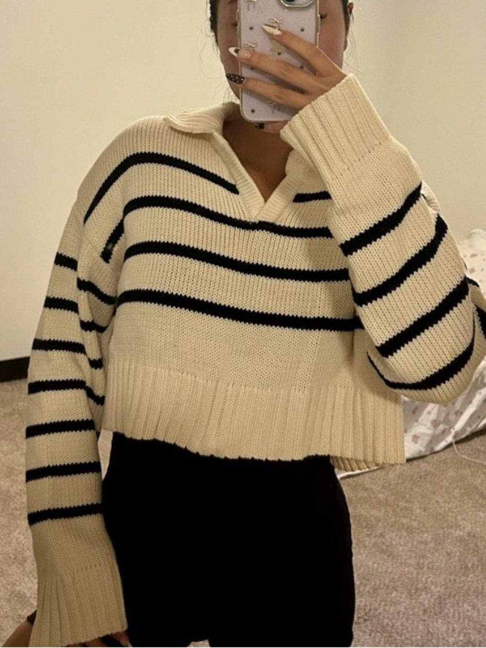 Striped Knit Sweater - Cream and Black